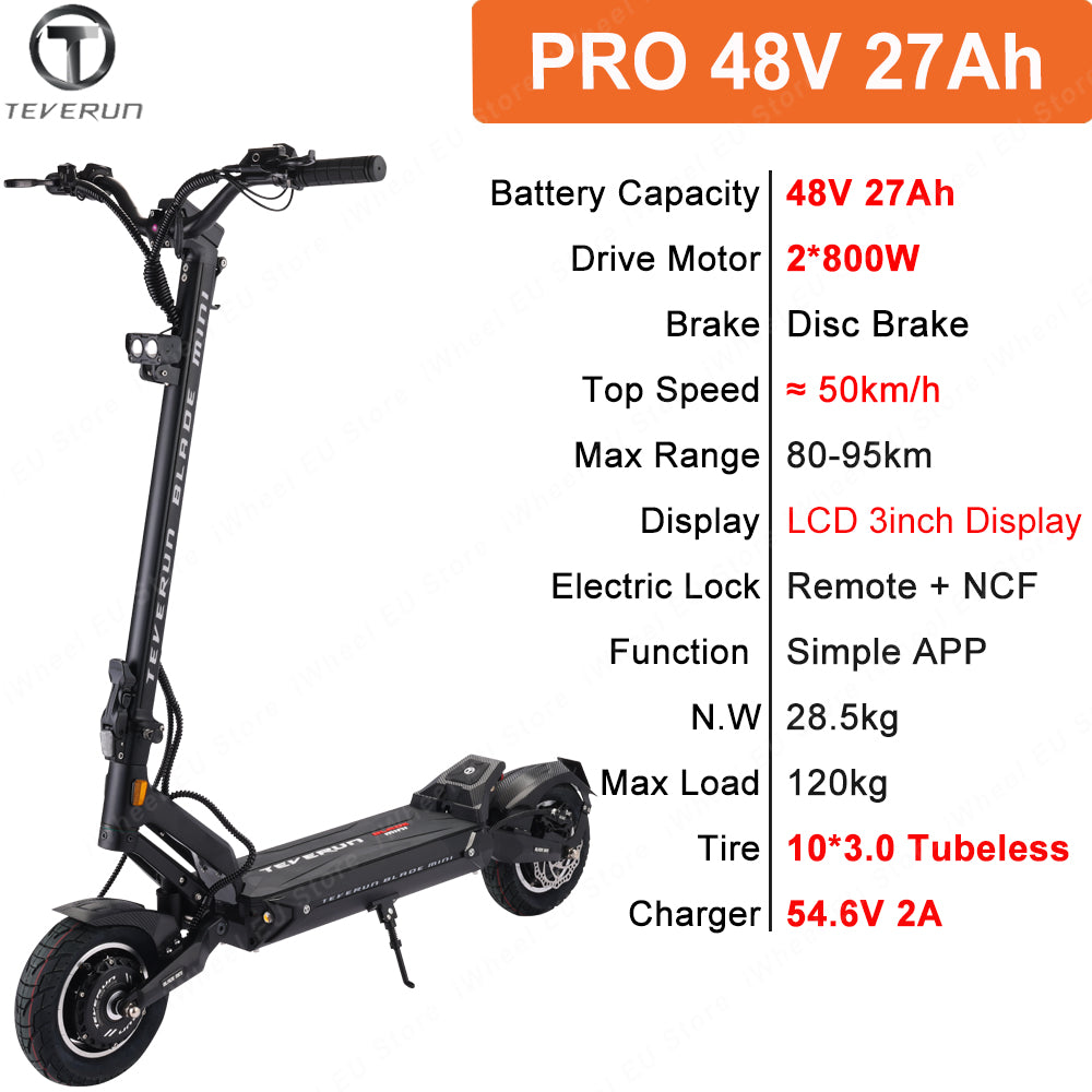 Newest Blade Mini Pro 48V 27Ah Battery 2*800W Dual Motor Upgrade APP Function Newest Blade Mini Pro 10inch Electric Scooter