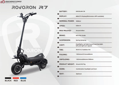 Official MINMOTOR Rovoron R7 60V 28.6Ah Battery Dual Motor 900W*2 Top Speed 65km/h Mileage around 65km 11inch Scooter