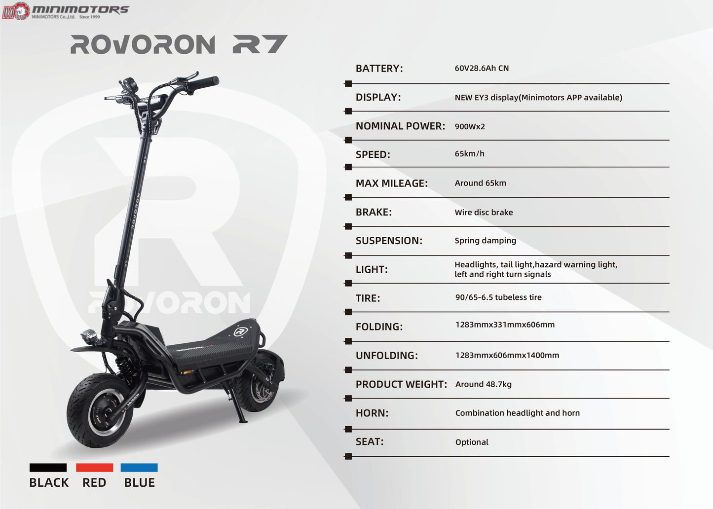 Official MINMOTOR Rovoron R7 Pro 60V 42.4Ah Battery Dual Motor 900W*2 Top Speed 65km/h Mileage around 90km 11inch Scooter